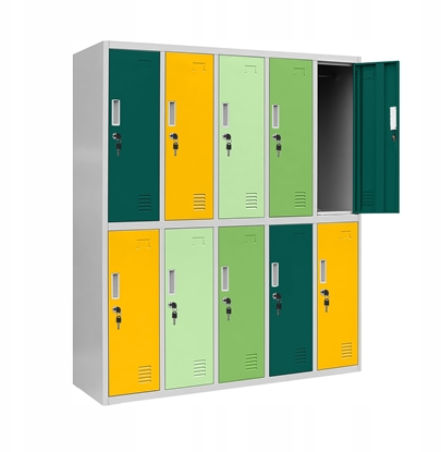 Attēls no Szafa szkolna BHP ubraniowa 10-drzwiowa BARTU, 1360 x 1500 x 450 mm, szaro-wielokolorowa