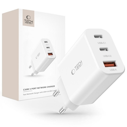 Attēls no Tech-Protect Tech-Protect NC30W charger 2x USB-C PD 30W / USB-A QC 3.0 - white