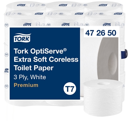 Изображение Tork Optiserve - Ekstramikki papier toaletowy w rolce bez gilzy, T7, Premium, 3-warstwowy, 18  550 odcinków - Biay