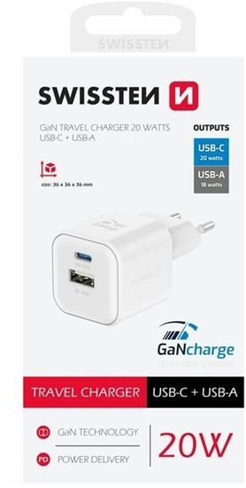 Изображение Swissten Travel Charger GaN USB-C 20W PD / USB-A 18W QC