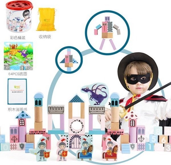 Изображение Triton Drewniany zestaw Klocków Zamek z Rycerzami dla dzieci 3+ Drewniane Figurki + Sorter ksztatów + Mata z puzzli + Gra Chinczyk