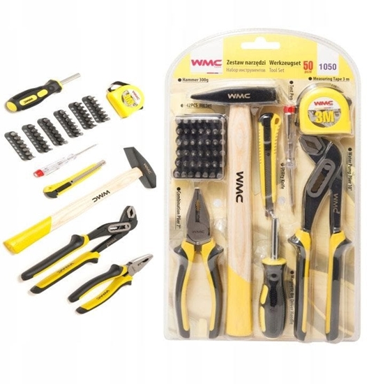 Изображение Zestaw narzdzi 50el (wkrtak, bity, szczypce, motek, kombinerki, miarka, worek)