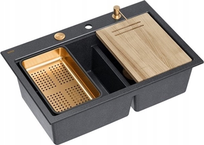 Picture of Zlewozmywak GraniteQ MARC 120 WORKSTATION GraniteQ zlewozmywak 2-komorowy 760*500*235 mm black diamond + syfon push to open + dozownik + deska + wkadka / elementy miedzia