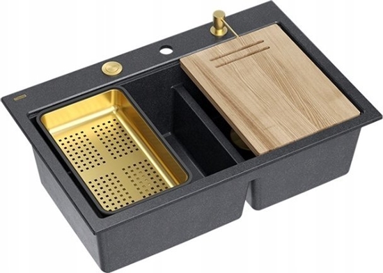 Изображение Zlewozmywak GraniteQ MARC 120 WORKSTATION GraniteQ zlewozmywak 2-komorowy 760*500*235 mm black diamond + syfon push to open + dozownik + deska + wkadka / elementy zote