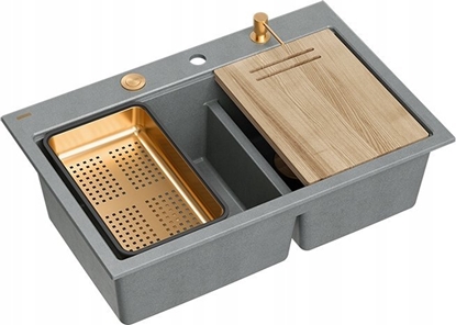 Picture of Zlewozmywak GraniteQ MARC 120 WORKSTATION GraniteQ zlewozmywak 2-komorowy 760*500*235 mm silver stone + syfon push to open + dozownik + deska + wkadka / elementy miedzian