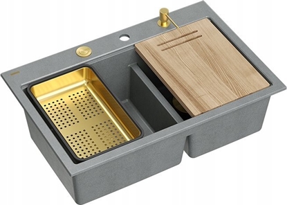 Attēls no Zlewozmywak GraniteQ MARC 120 WORKSTATION GraniteQ zlewozmywak 2-komorowy 760*500*235 mm silver stone + syfon push to open + dozownik + deska + wkadka / elementy zote