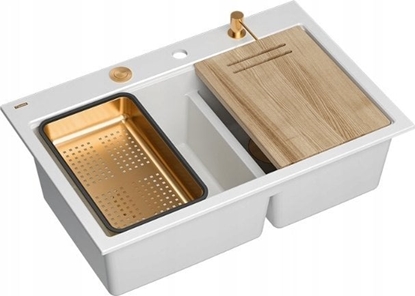 Picture of Zlewozmywak GraniteQ MARC 120 WORKSTATION GraniteQ zlewozmywak 2-komorowy 760*500*235 mm snow white + syfon push to open + dozownik + deska + wkadka / elementy miedziane