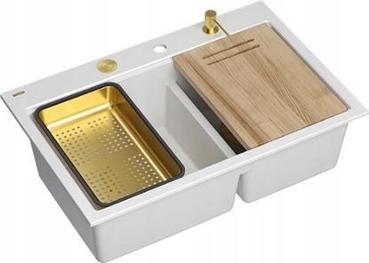 Attēls no Zlewozmywak GraniteQ MARC 120 WORKSTATION GraniteQ zlewozmywak 2-komorowy 760*500*235 mm snow white + syfon push to open + dozownik + deska + wkadka / elementy zote