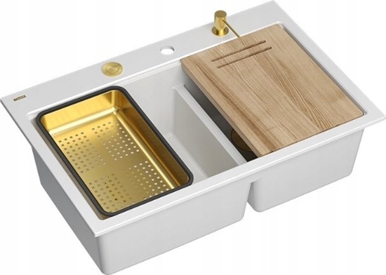 Picture of Zlewozmywak GraniteQ MARC 120 WORKSTATION GraniteQ zlewozmywak 2-komorowy 760*500*235 mm snow white + syfon push to open + dozownik + deska + wkadka / elementy zote