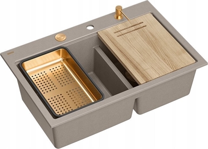 Picture of Zlewozmywak GraniteQ MARC 120 WORKSTATION GraniteQ zlewozmywak 2-komorowy 760*500*235 mm soft taupe + syfon push to open + dozownik + deska + wkadka / elementy miedziane