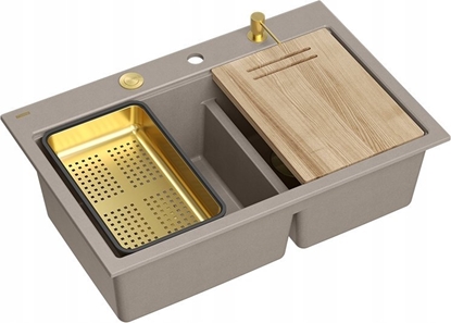 Attēls no Zlewozmywak GraniteQ MARC 120 WORKSTATION GraniteQ zlewozmywak 2-komorowy 760*500*235 mm soft taupe + syfon push to open + dozownik + deska + wkadka / elementy zote