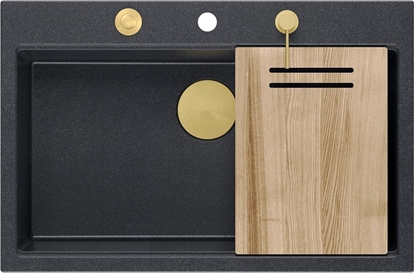 Attēls no Zlewozmywak GraniteQ Zlewozmywak granitowy MARC 1-komorowy 76x50 cm czarny/black diamond + Nano ZOTO PVD