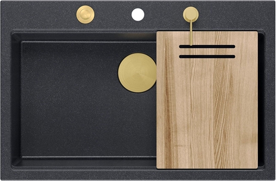 Изображение Zlewozmywak GraniteQ Zlewozmywak granitowy MARC 1-komorowy 76x50 cm czarny/black diamond + Nano ZOTO PVD