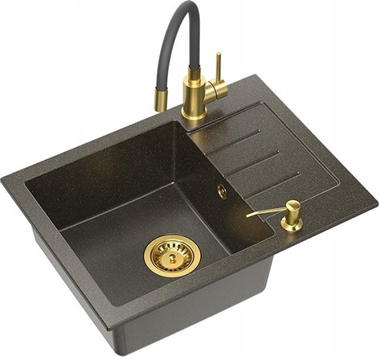 Picture of Zlewozmywak Steiner ART JOHNNY 116 (60x44x18,5) GraniteQ Art Gold Black Pearl z syfonem manualnym, bateri Maggie i dozownikiem - czarny opalizacja zota