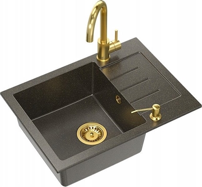 Изображение Zlewozmywak Steiner ART JOHNNY 116 (60x44x18,5) GraniteQ Art Gold Black Pearl z syfonem manualnym, bateri Naomi i dozownikiem - czarny opalizacja zota