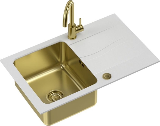 Изображение Zlewozmywak Steiner MICHAEL 111 Fusion HardRock alabaster z komor zota (780x480x190) z syfonem Push 2 Open z bateri NAOMI zota