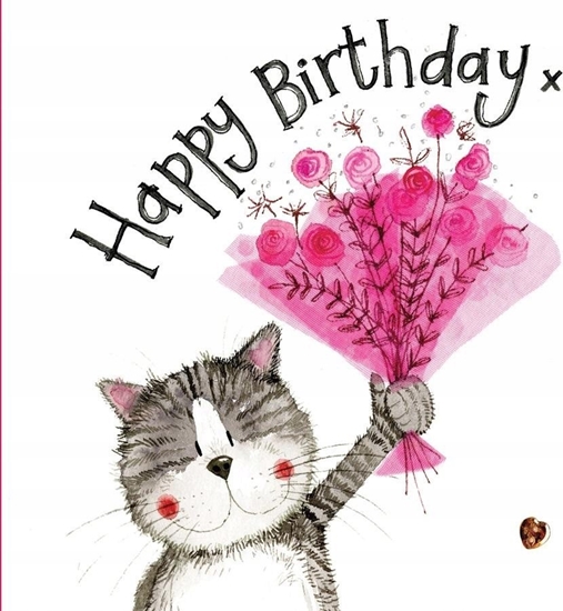 Picture of Teka Karnet Urodziny S343 Kot z róowym bukietem