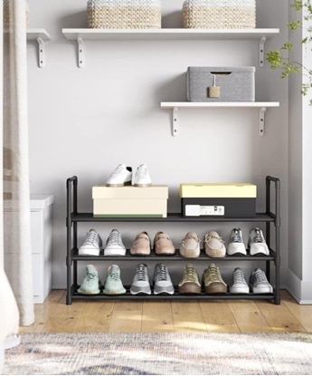 Изображение Songmics 3-poziomowy stojak na buty, metalowy stojak na buty, na 15-18 par, moliwo ukadania w stosy, do salonu, sypialni, garderoby,
