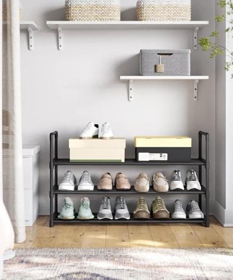Изображение Songmics 3-poziomowy stojak na buty, metalowy stojak na buty, na 15-18 par, moliwo ukadania w stosy, do salonu, sypialni, garderoby,