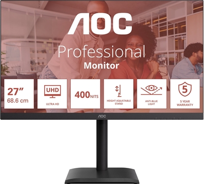 Attēls no AOC U27E4CV | 27 " | IPS | UHD | 16:9 | 60 Hz | 4 ms | 3840 x 2160 pixels | 400 cd/m² | HDMI ports quantity 2 | Black