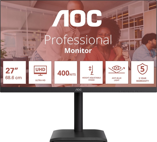 Picture of AOC U27E4CV | 27 " | IPS | UHD | 16:9 | 60 Hz | 4 ms | 3840 x 2160 pixels | 400 cd/m² | HDMI ports quantity 2 | Black