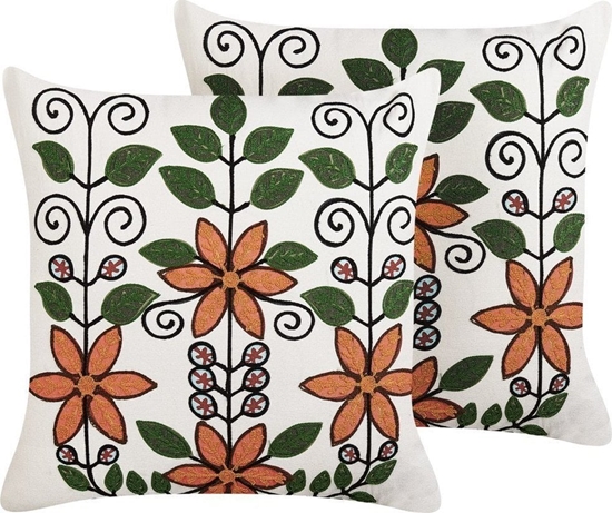 Изображение Beliani 2 Baweniane Poduszki Dekoracyjne Z Motywem Rolinnym 50 X 50 Cm Wielokolorowe Vellore!
