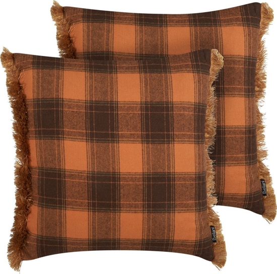Изображение Beliani 2 poduszki dekoracyjne w krat z frdzlami 45 x 45 cm pomaraczowa BARJA