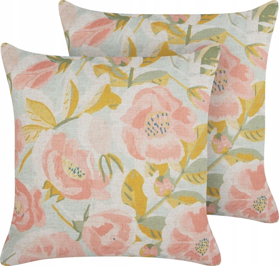 Изображение Beliani 2 poduszki dekoracyjne w kwiaty 45 x 45 cm róowe z niebieskim ZAHRIYE