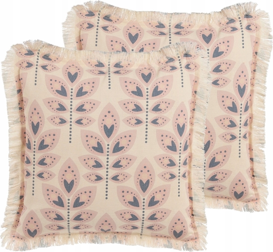 Изображение Beliani 2 poduszki dekoracyjne w licie z frdzlami 60 x 60 cm beowa RUDBECKIA