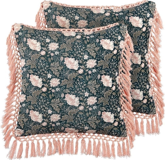 Изображение Beliani 2 poduszki dekoracyjne welurowe w kwiaty z frdzlami 45 x 45 cm niebiesko-róowe PARROTIA!