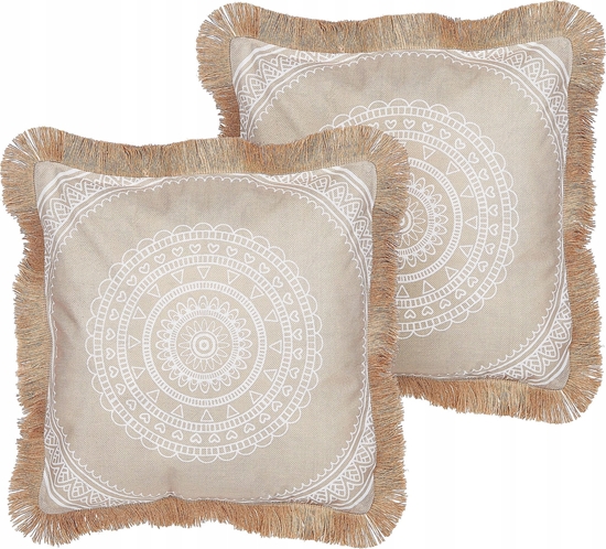 Изображение Beliani 2 poduszki dekoracyjne z frdzlami 45 x 45 cm beowo-biaa GERANIUM