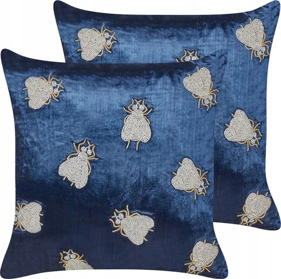 Изображение Beliani 2 welurowe poduszki dekoracyjne haftowana w muchy 45 x 45 cm granatowe PENTAS