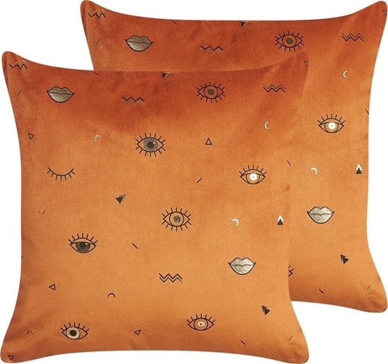 Picture of Beliani 2 Welurowe Poduszki Dekoracyjne Z Motywem Oka 45 X 45 Cm Pomaraczowe Aeonium!