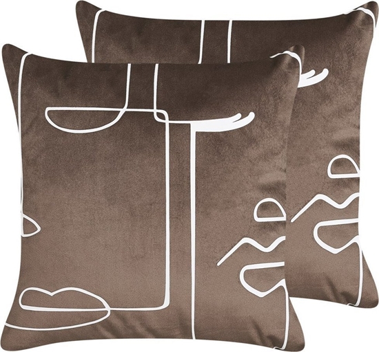 Picture of Beliani 2 Welurowe Poduszki Dekoracyjne Z Motywem Twarzy 45 X 45 Cm Brzowe Philodendron!