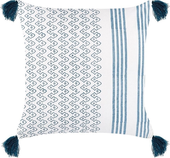 Изображение Beliani Baweniana poduszka geometryczny wzór z frdzlami 45 x 45 cm biao-niebieska TILIA
