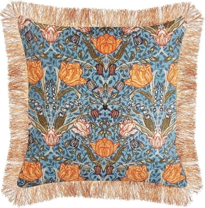 Attēls no Beliani Poduszka dekoracyjna welurowa w kwiaty z frdzlami 45 x 45 cm niebiesko-pomaraczowa MITELLA!