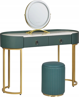 Изображение Beliani Toaletka 2 szuflady lustro LED z pufem zielono-zota VINAX