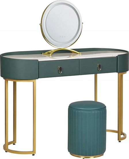 Picture of Beliani Toaletka 2 szuflady lustro LED z pufem zielono-zota VINAX