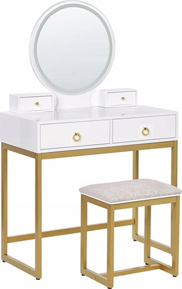 Изображение Beliani Toaletka 4 szuflady lustro LED ze stokiem biao-zota AUXON