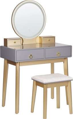 Изображение Beliani Toaletka 4 szuflady lustro LED ze stokiem szaro-zota FEDRY