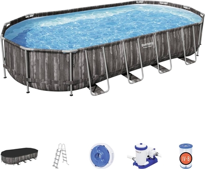 Attēls no Bestway Bestway Power Steel Frame Pool Set, 732 cm x 366 cm x 122 cm, swimming pool (dark brown/blue, wood decor, with filter pump)