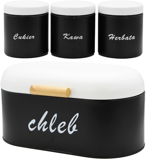 Изображение Chlebak metalowy may + 3 pojemniki na kaw herbat cukier przyprawy BRUNBESTE BB-2669