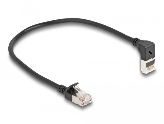 Picture of Delock RJ45 Network Cable Cat.6A S/FTP Slim 90° upwards angled / straight 0.25 m black