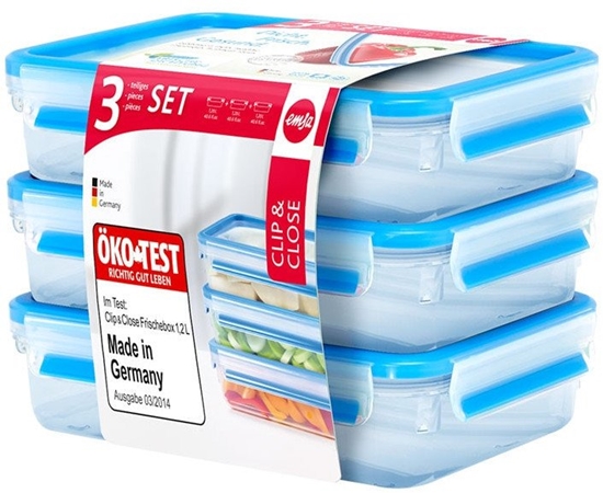 Picture of Emsa CLIP & CLOSE food storage containers 1.2 liters (transparent/blue, rectangular, 3 pieces)