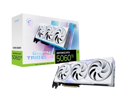 Attēls no Graphics Card|MSI|NVIDIA GeForce RTX 5060 Ti|16 GB|GDDR7|128 bit|PCIE 5.0 16x|Triple slot Fansink|1xHDMI|3xDisplayPort|5060TI16GGAMTRIOOCWHITE