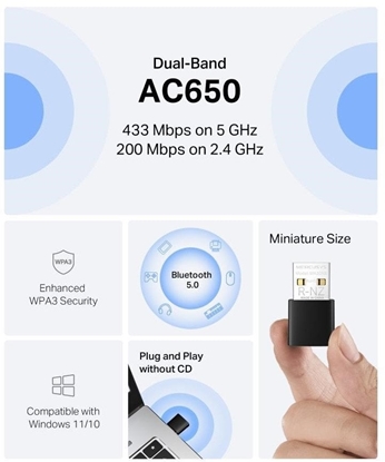 Изображение MERCUSYS MA20NB WiFi5 USB nano adapter (AC650,2,4GHz/5GHz,Bluetooth5.0,USB2.0)