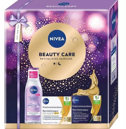 Attēls no NIVEA_SET Beauty Care Przeciwzmarszczkowy rewitalizujcy krem na dzie SPF15 55+ 50ml + Przeciwzmarszczkowy rewitalizujcy krem na noc 55+ 50ml + Kojcy pyn micelarny 200ml