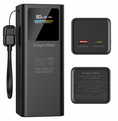 Изображение PowerBank Kruger&Matz 20000 mAh Li-ion 65W z funkcj QC oraz PD