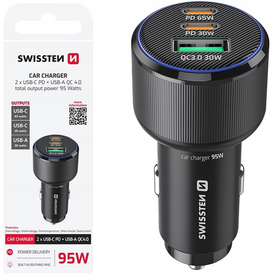 Изображение Swissten Car Charger 2x USB-C PD / USB / 95W