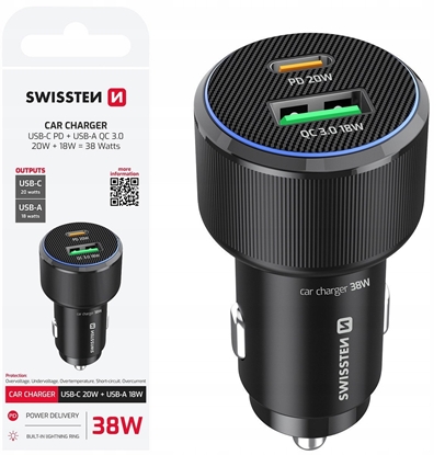Attēls no Swissten Car Charger USB-C PD / USB 38W